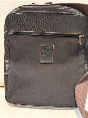Longchamp Men's black canvas and leather messenger bag with Front Zip Pocket